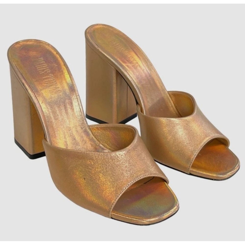Paris Texas Anja Iridescent Metallic Leather Block Heel Mules Gold Pink Italy 38